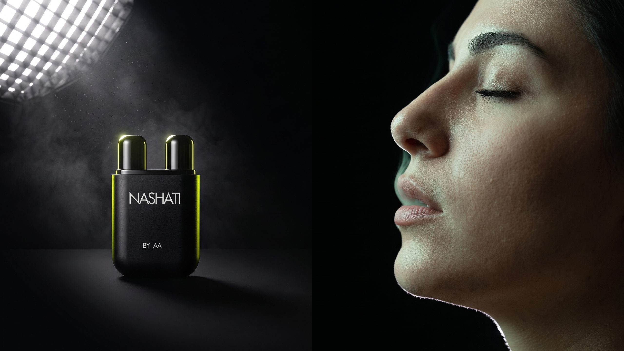 Close portrait mid-inhale beside the inhaler