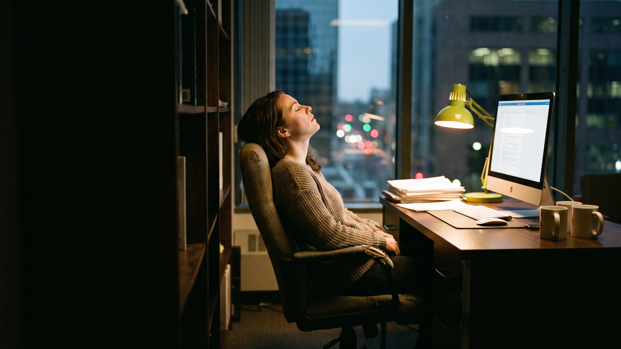 Person at a desk at night